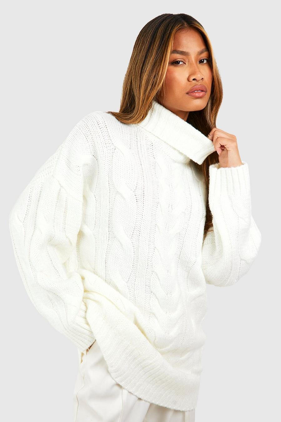 Ivory Chunky Cable Knit Roll Neck Oversized Jumper