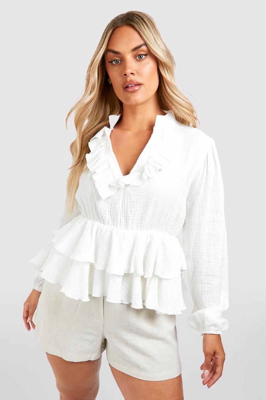 White Plus Frill Cheesecloth Peplum Top