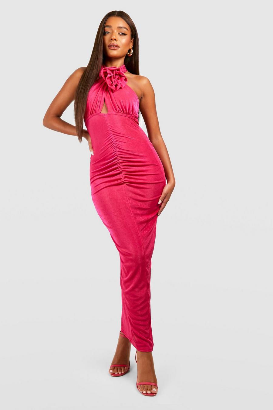 Cerise Textured Slinky Rose Halterneck Midaxi Dress