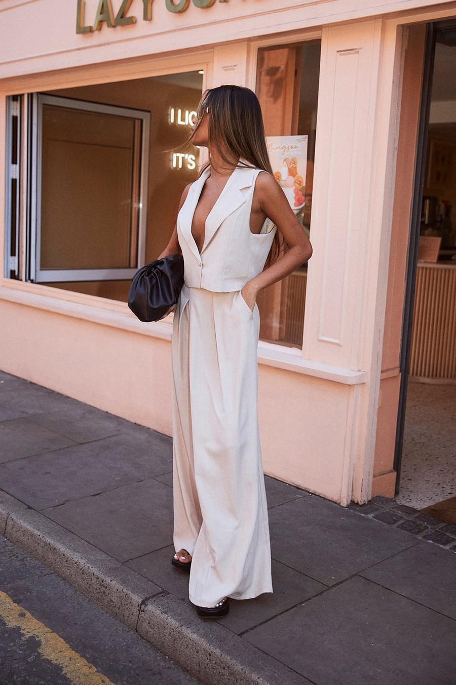 Sand Linen Look Pleat Front Wide Leg Tailored Trousers 