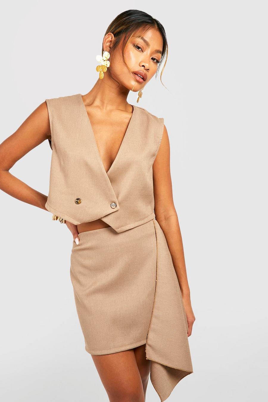 Camel Linen Look Boxy Cropped Waiscoat