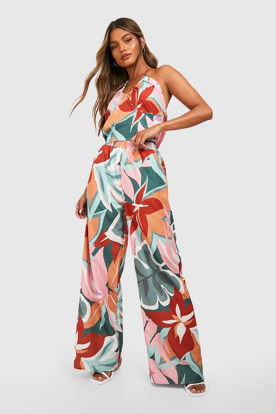 Olive Tropical Print Ruched Halter & Wide Leg Trousers 