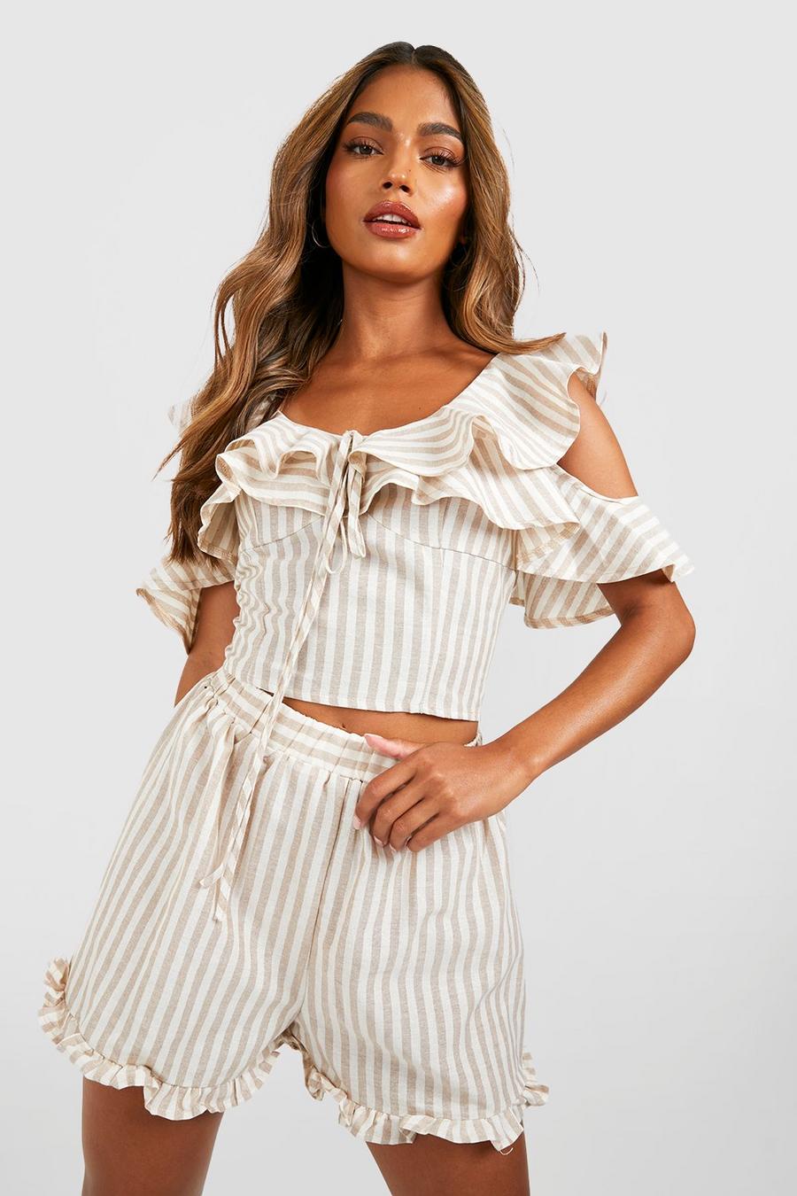 Sand Linen Look Stripe Ruffle Crop & Shorts image number 1
