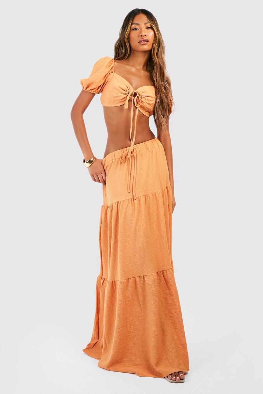 Terracotta Textured Puff Sleeve Bralette & Tiered Maxi Skirt image number 1