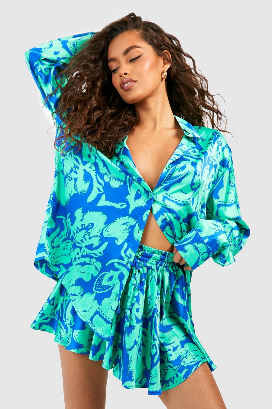 Azure Abstract Relaxed Fit Shirt & Flared Shorts