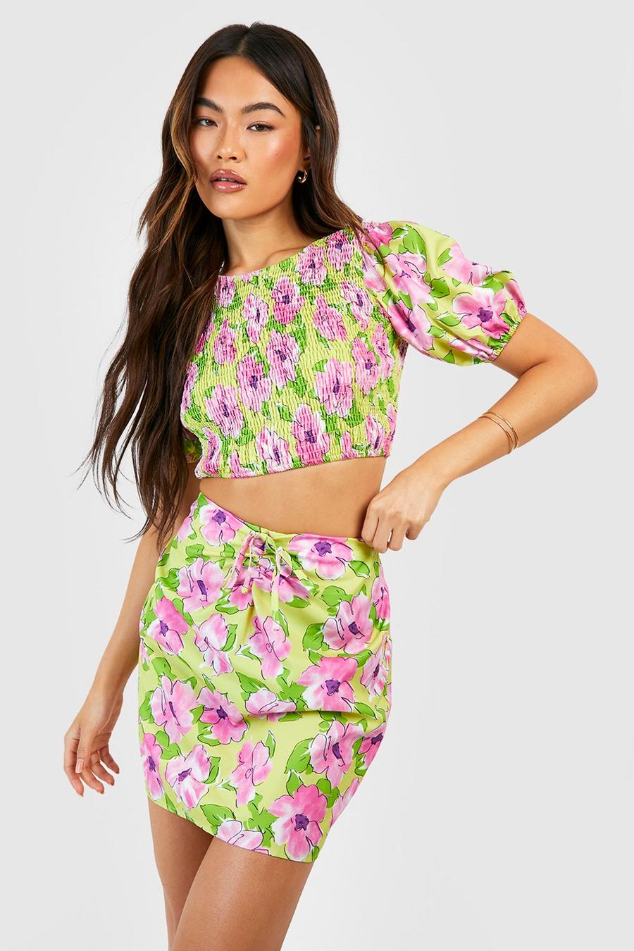 Lime Woven Floral Puff Sleeve Shirred Crop & Mini Skirt