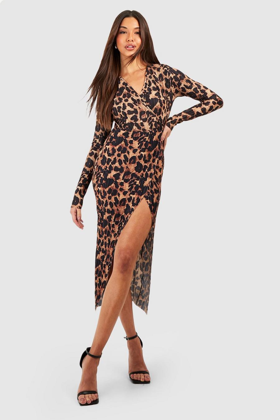 Vestido midaxi cruzado plisado con estampado de leopardo, Brown