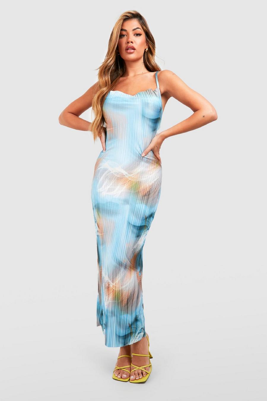 Blue Abstract Plisse Midi Dress