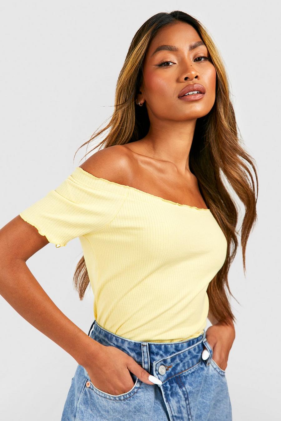 Camiseta de canalé con escote bardot y ribete ondulado, Lemon