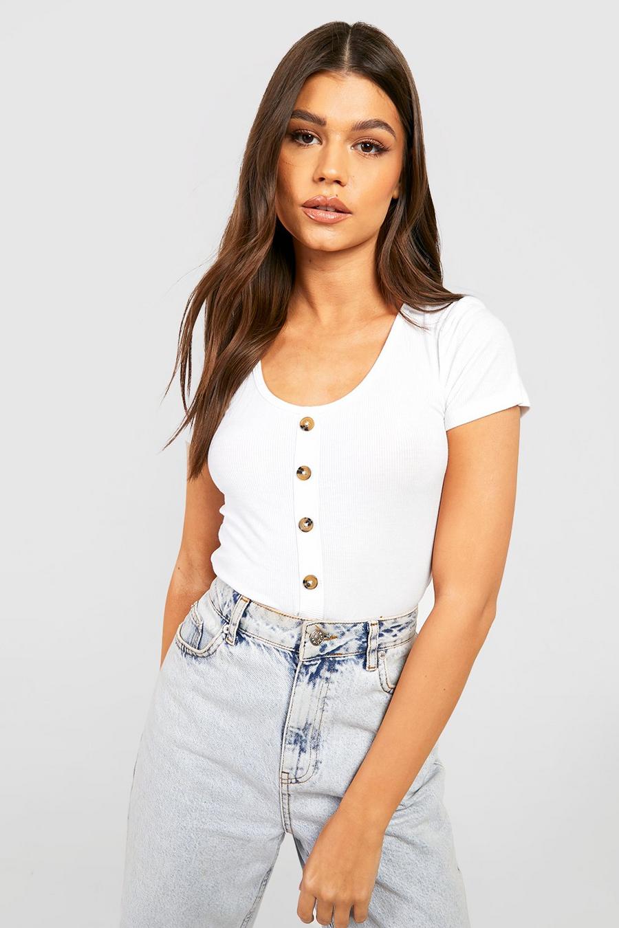 White Ribbed Button Detail Short Sleeve T-shirt