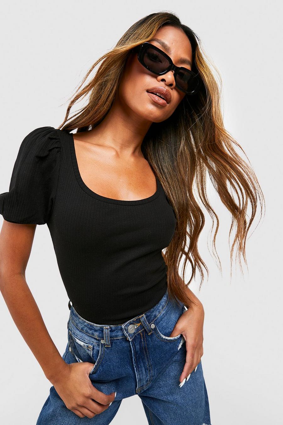 Black Scoop Neck Puff Sleeve Bodysuit 