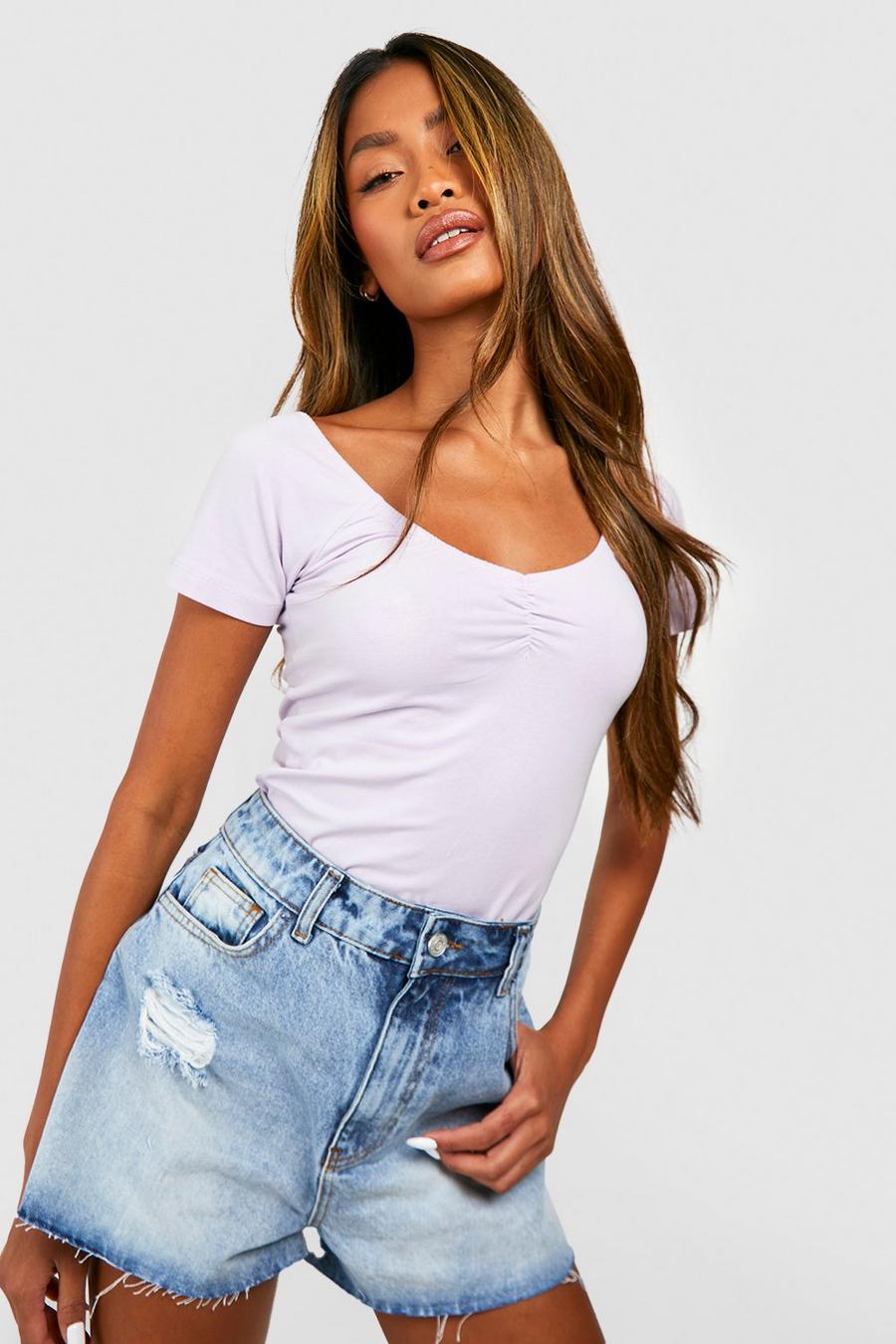 Lilac Ruched Detail Short Sleeve Bodysuit