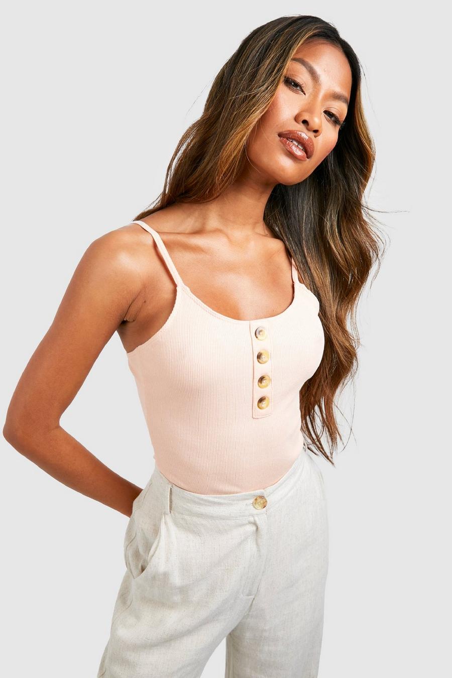 Button Down Detail Strappy Ribbed Bodysuit