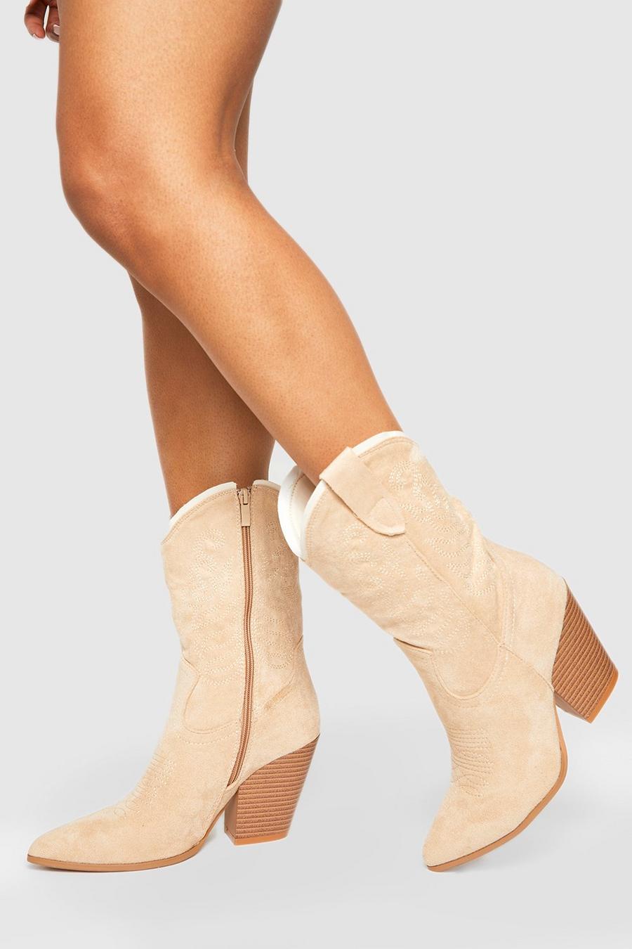 Beige Tab Detail Calf High Western Cowboy Boots