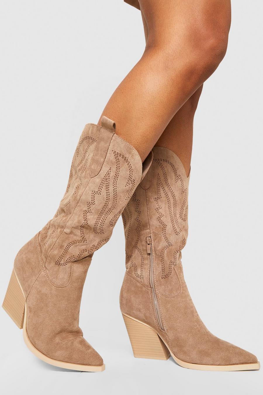 Taupe Contrast Stitch Detail Western Cowboy Boots