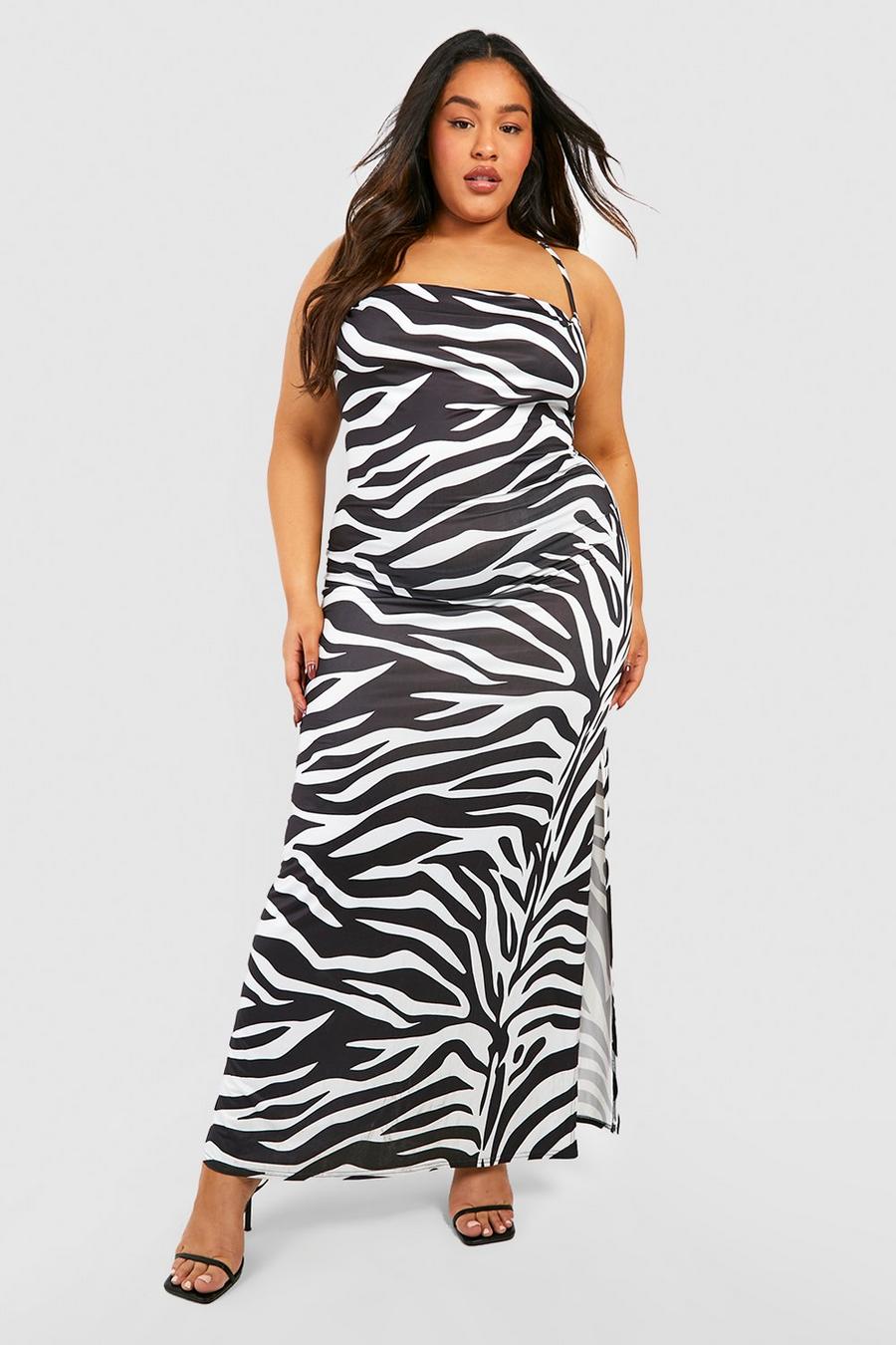Vestito maxi Plus Size seducente zebrato con scollo a cappuccio, Black