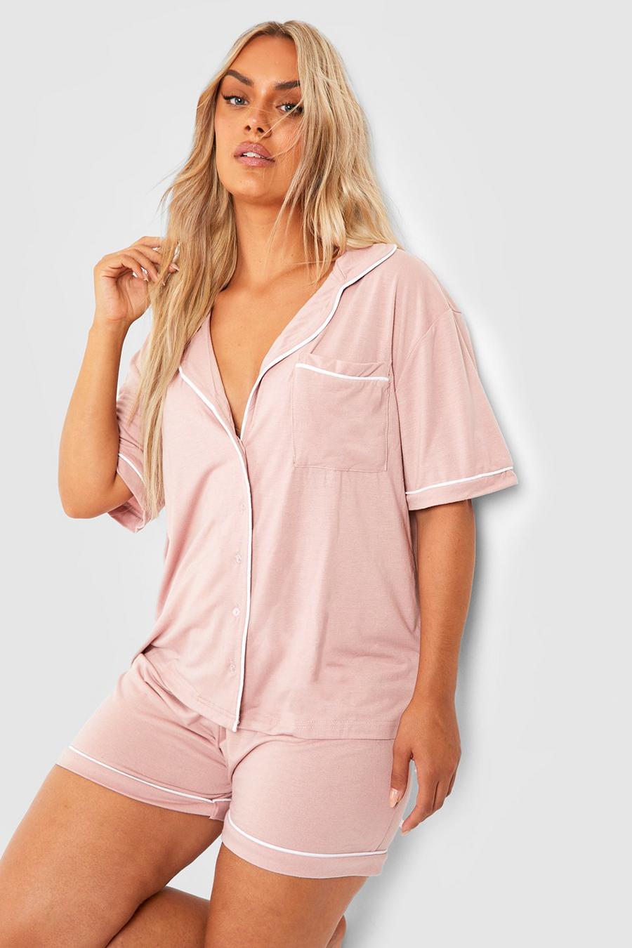 Mauve Plus Jersey Pyjama Set Met Knopen En Shorts image number 1