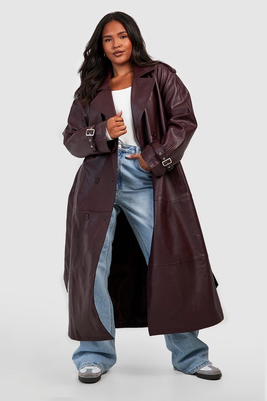 Wine Plus Double Breast Faux Leather Maxi Trench Coat