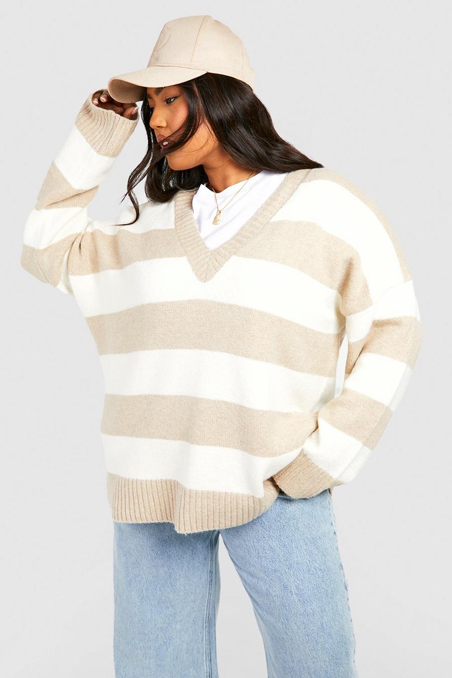 Stone Plus V Neck Stripe Sweater