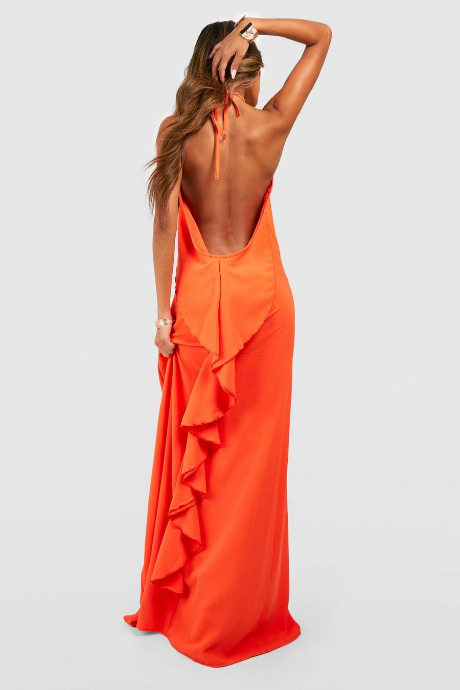 Vestido maxi escalonado de estopilla texturizado con espalda baja y volante, Orange