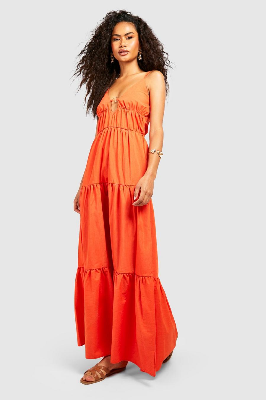 Vestito maxi in cotone popeline con anello e balze, Orange