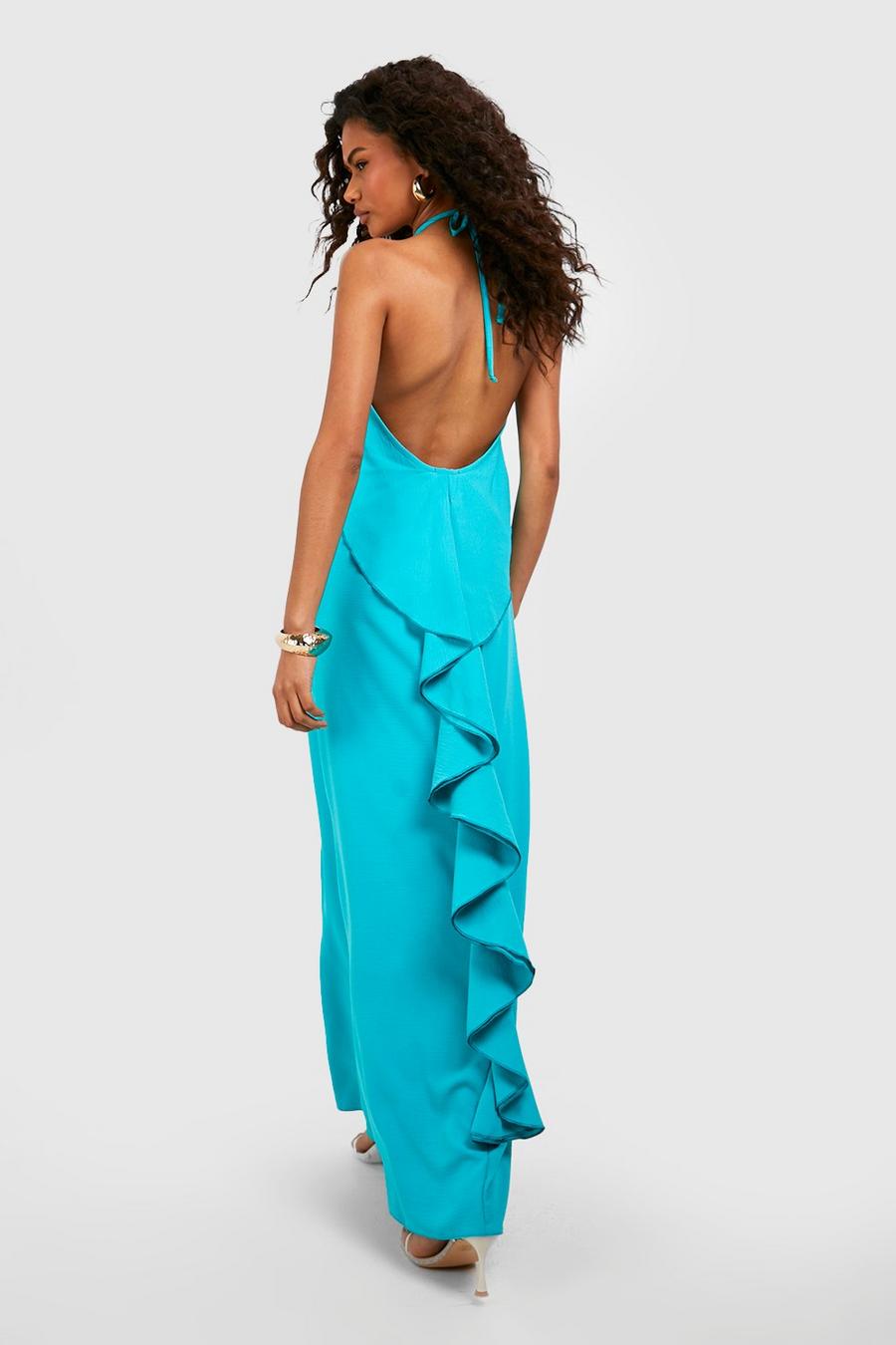 Aqua Cheesecloth Textured Low Back Ruffle Tiered Maxi Dress