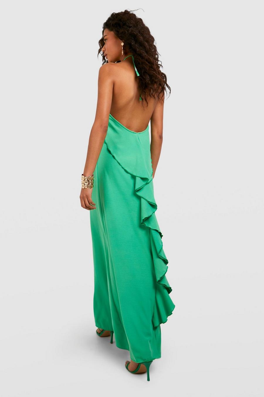 Vestito maxi effetto crespo con trama, arricciature sul retro e balze, Bright green