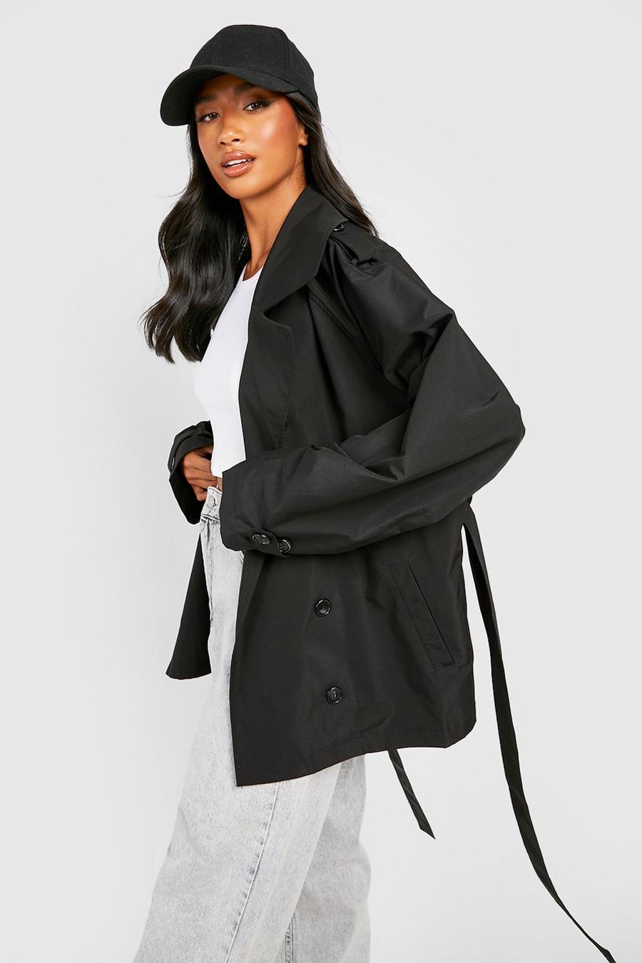 Black Petite Short Belted Trench Coat 