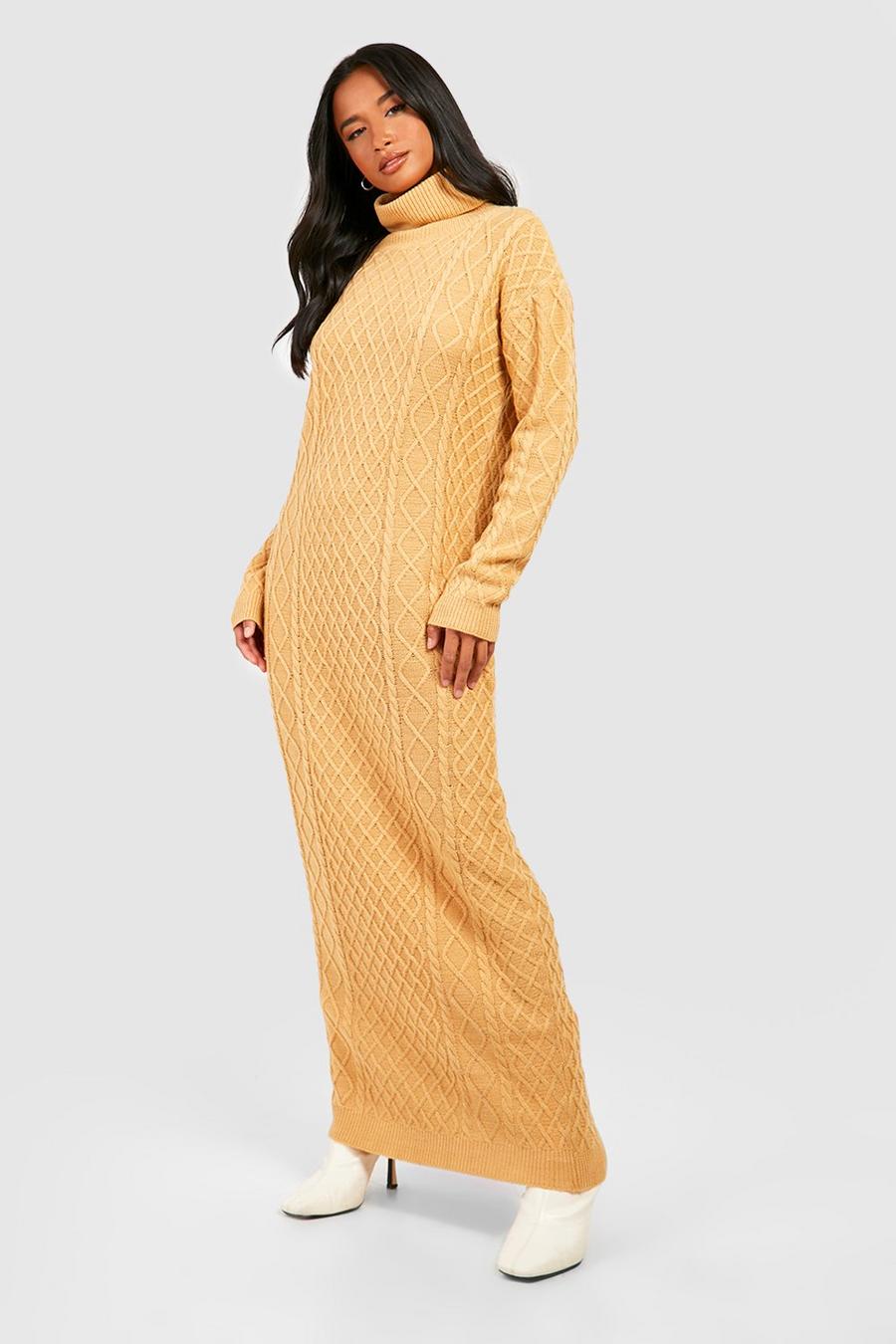 Camel Petite Grof Gebreide Maxi Trui Jurk Met Col