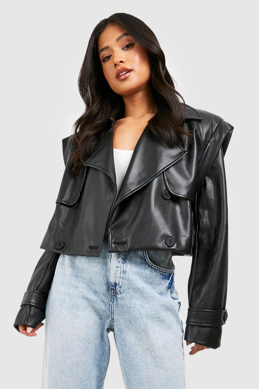 Black Petite Faux Leather Short Trench