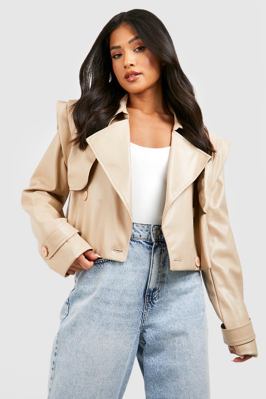 Stone Petite Faux Leather Short Trench