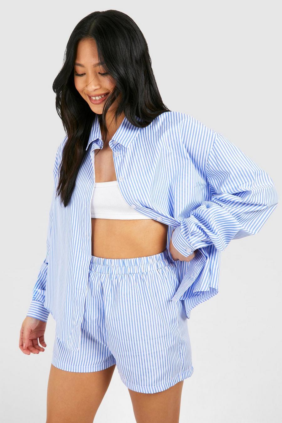 Blue Petite Poplin Striped Oversized Shirt & Shorts