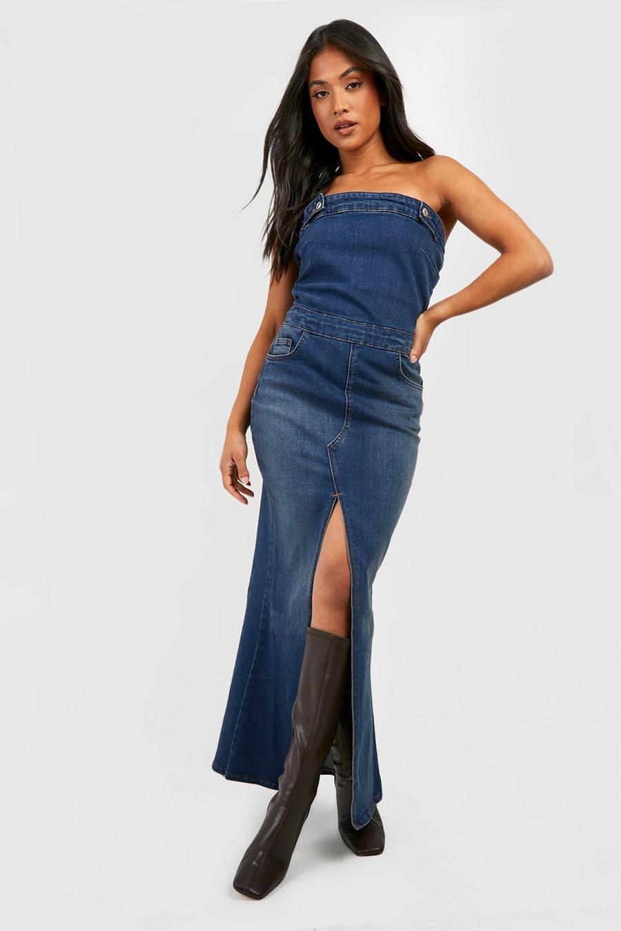 Petite Bandeau Denim-Maxikleid mit Schlitz vorne, Vintage wash