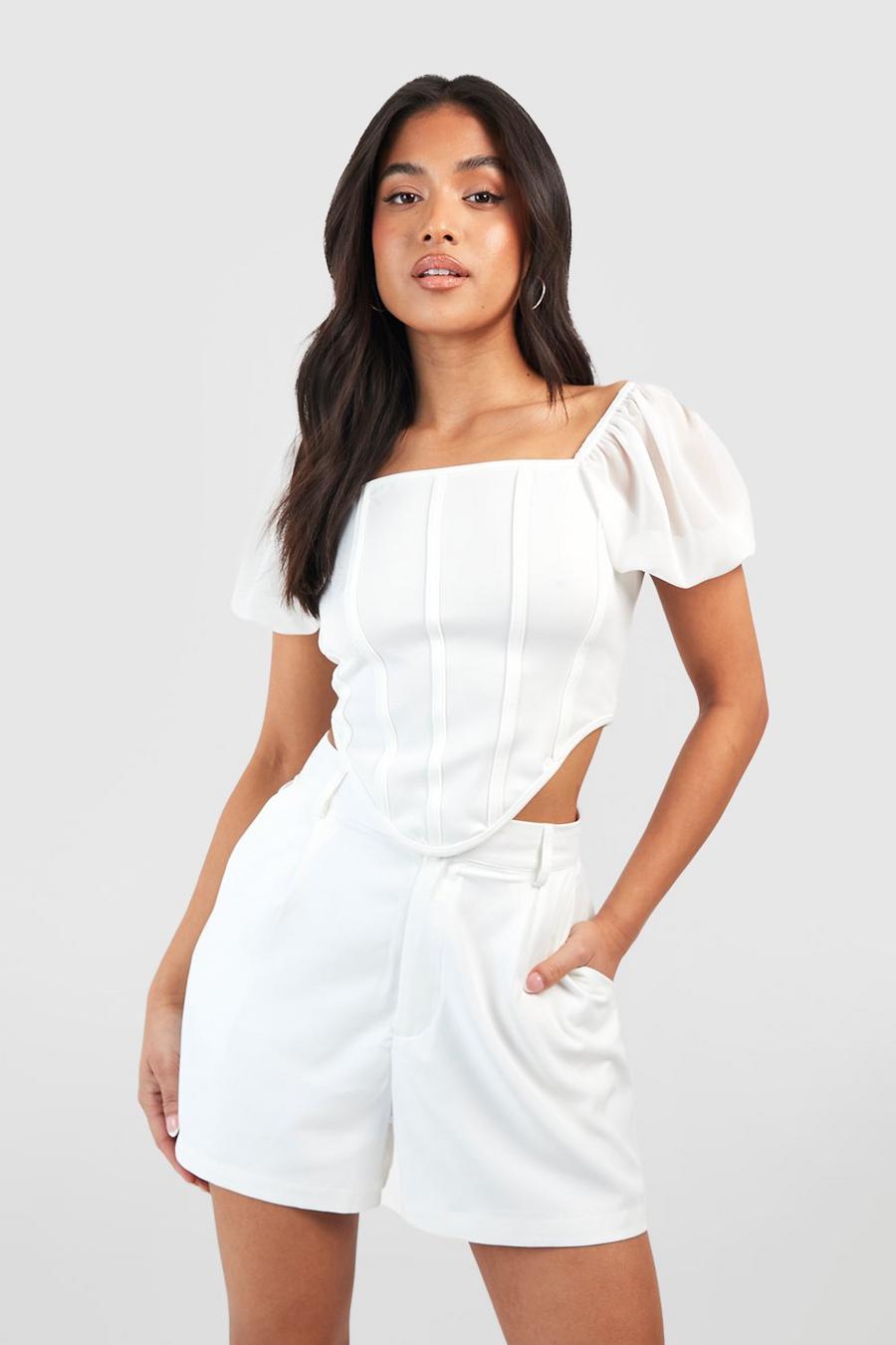 Ivory Petite Chiffon Puff Sleeve Dipped Hem Puff Sleeve Corset Top