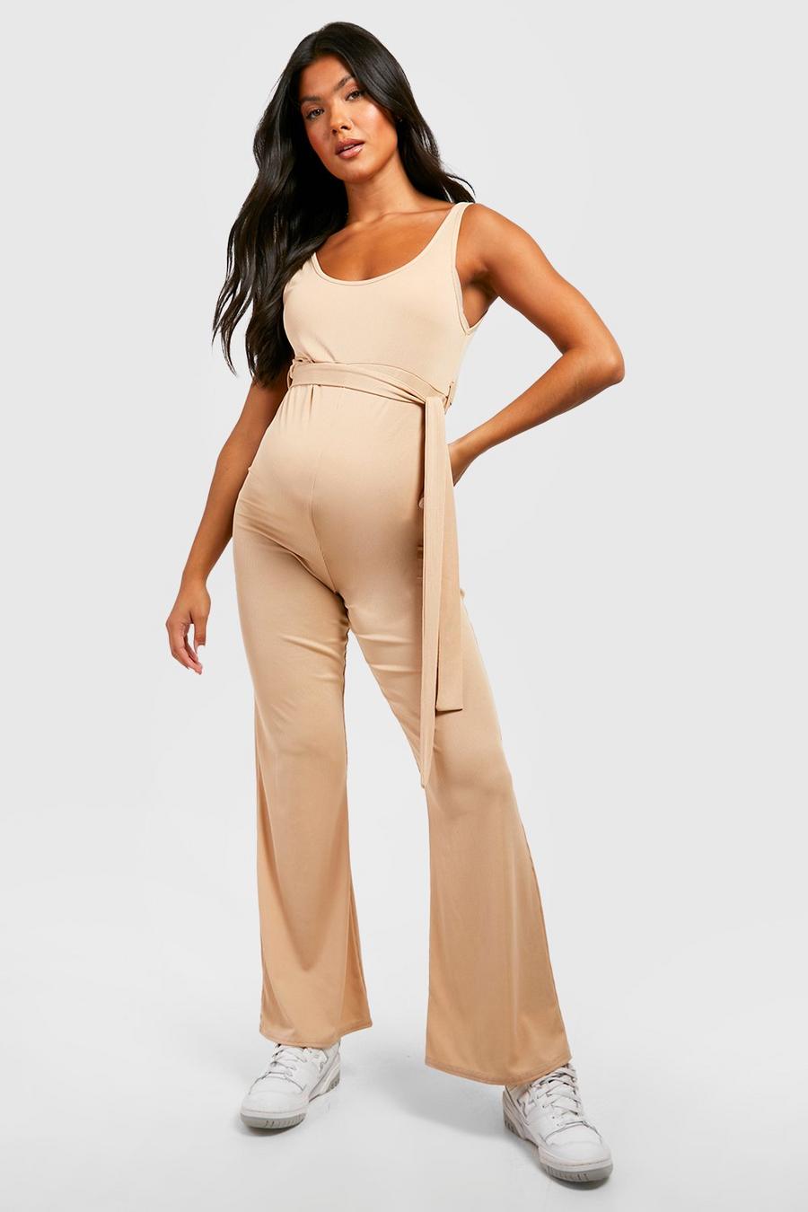 Oatmeal Maternity Ribbed Tie Waist Jumpsuit image number 1
