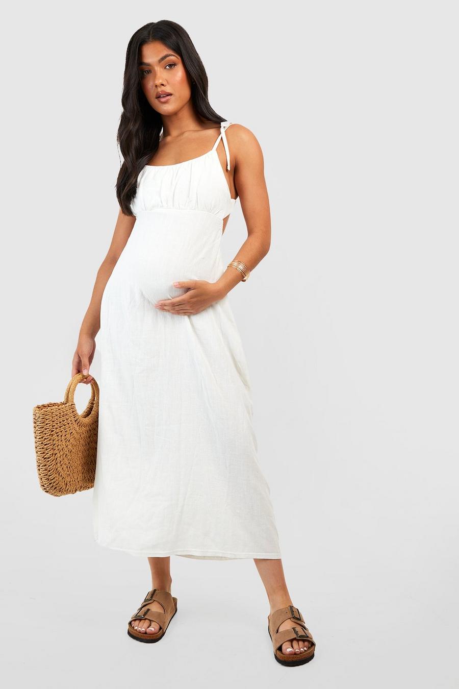 Cream Maternity Linen Look Tie Strap Midaxi Dress