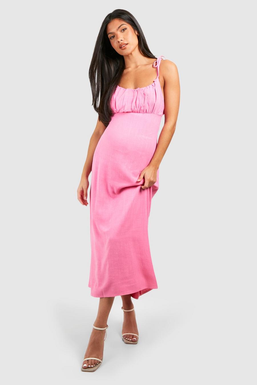 Pink Maternity Linen Look Tie Strap Midaxi Dress