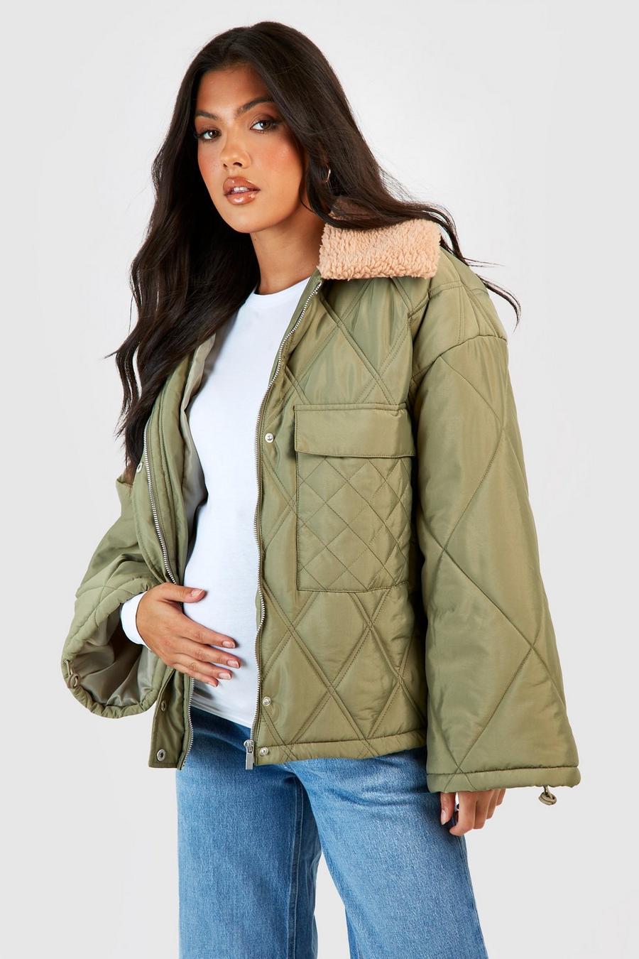 Khaki Maternity Teddy Collar Quilted Puffer Jacket image number 1