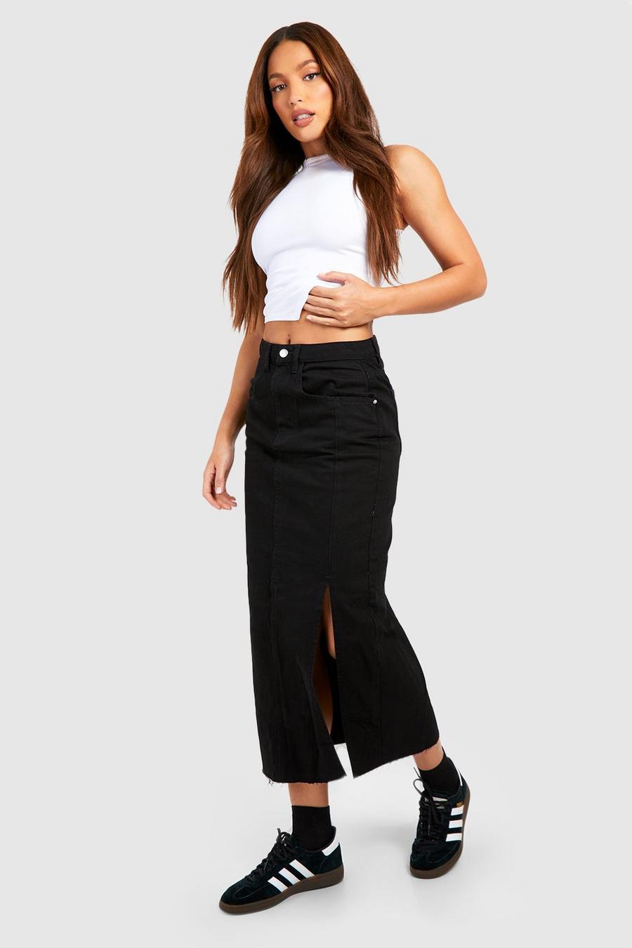 Black Tall Split Side Denim Midi Skirt