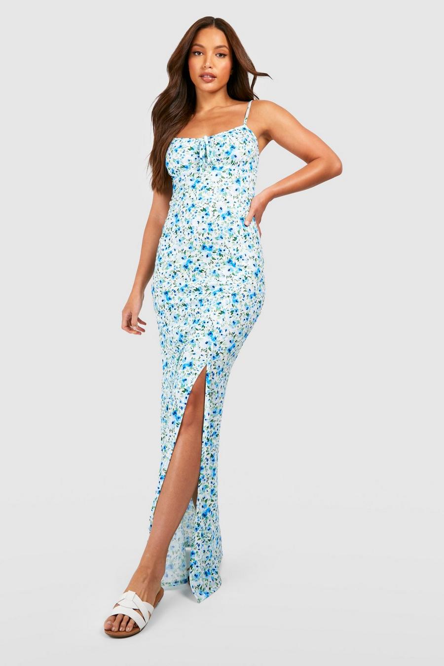 Blue Tall Floral Tie Front Split Side Maxi Dress image number 1