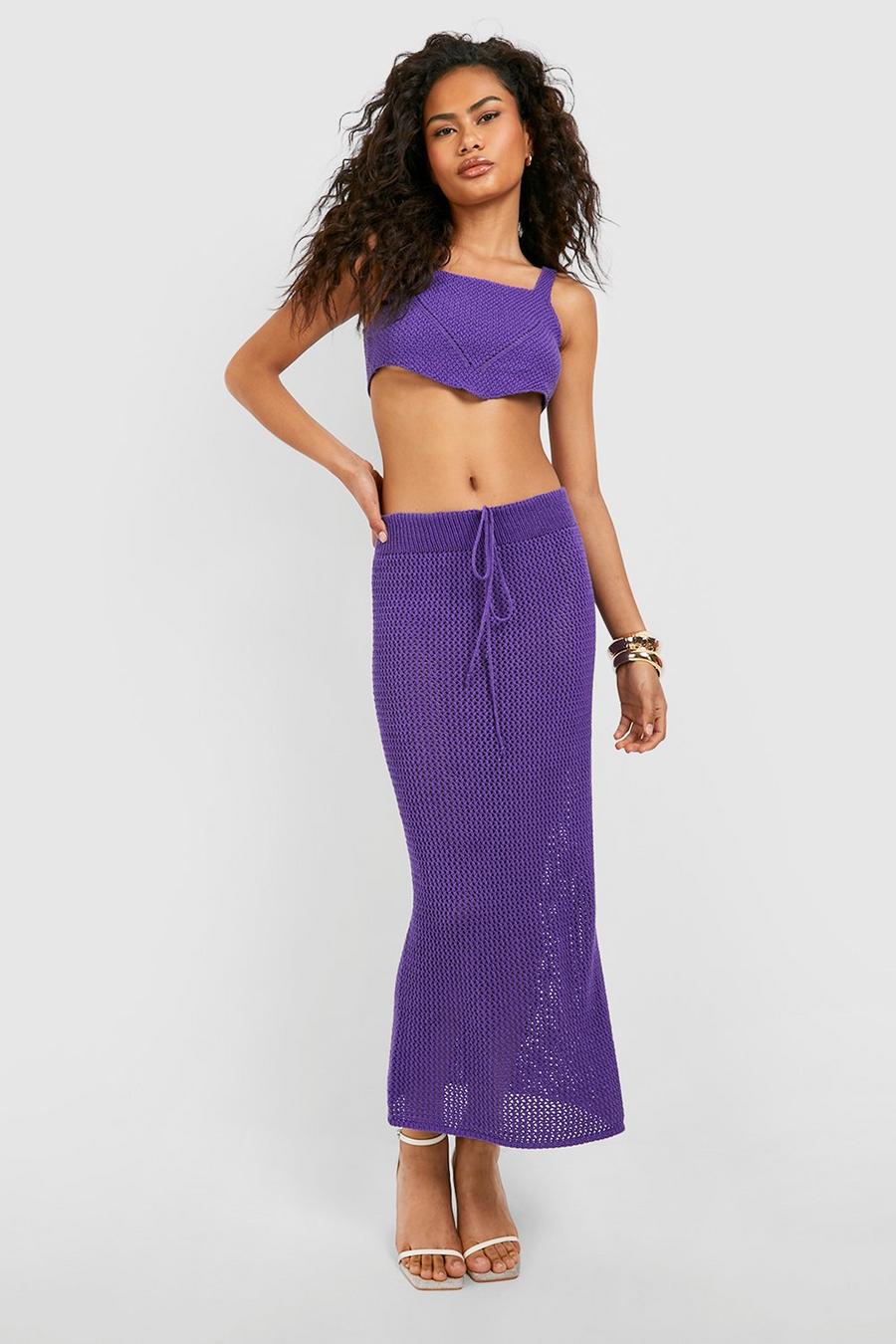 Purple Crochet Corset Hem Crop Top And Maxi Skirt Set