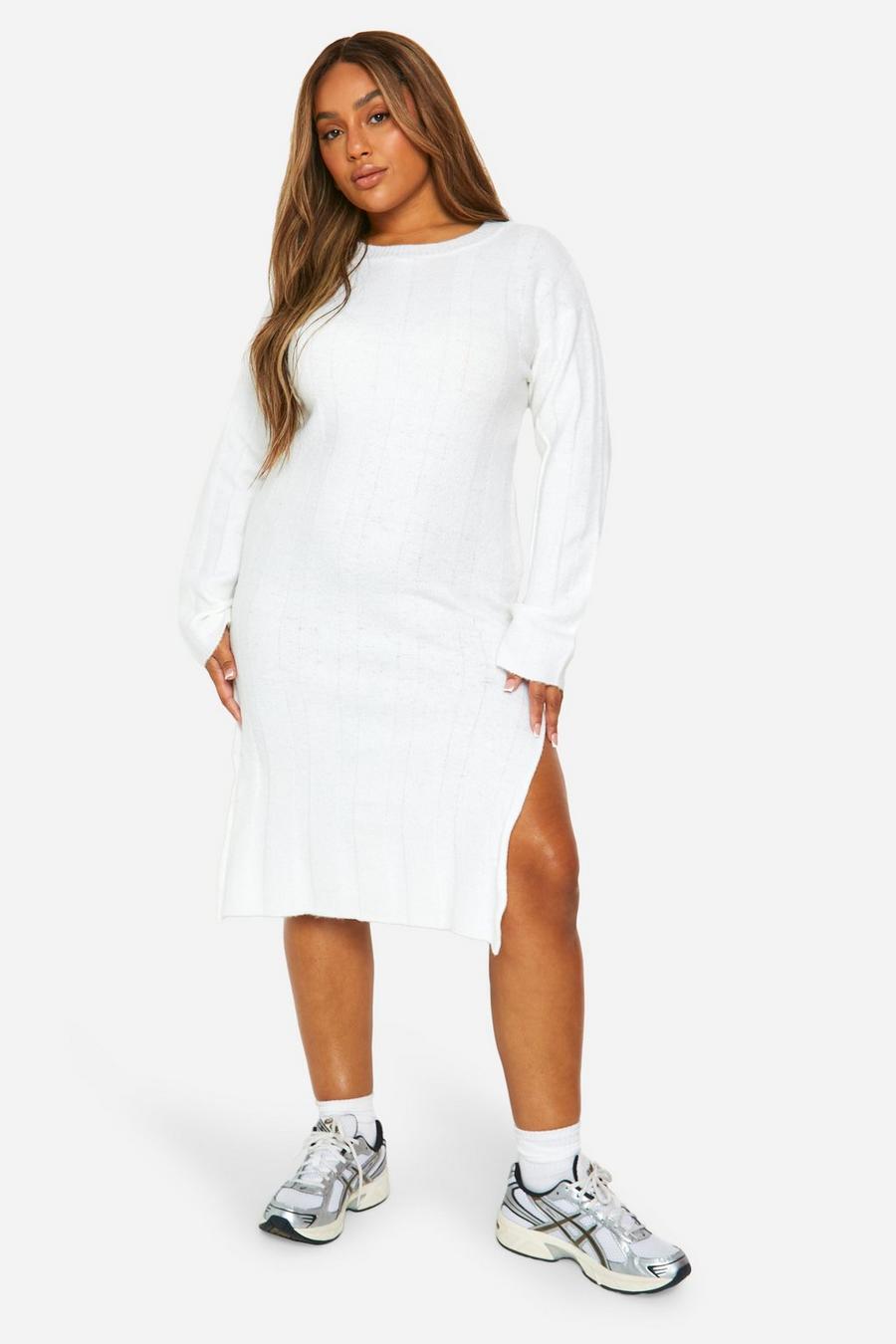 Vestito longuette Plus Size in maglia a coste ampie, White