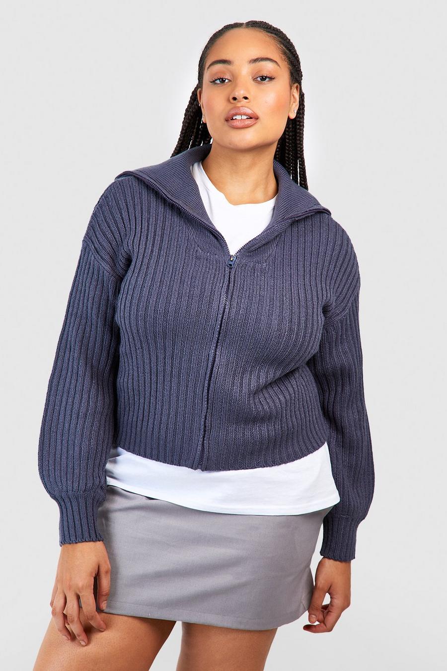 Cardigan Plus Size stile polo a coste spesse, Charcoal