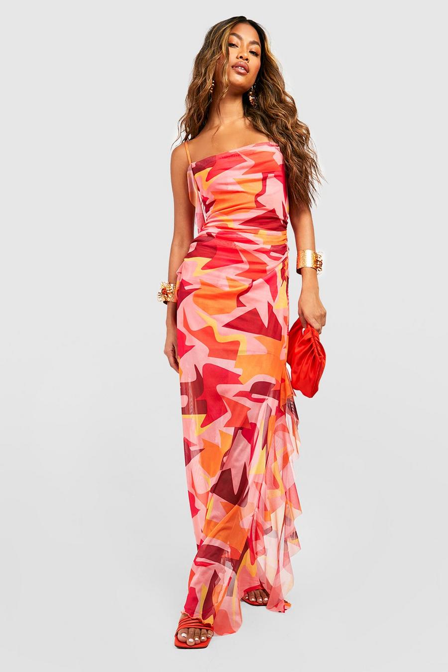 Pink Abstract Ruffle Detail Mesh Maxi Dress image number 1