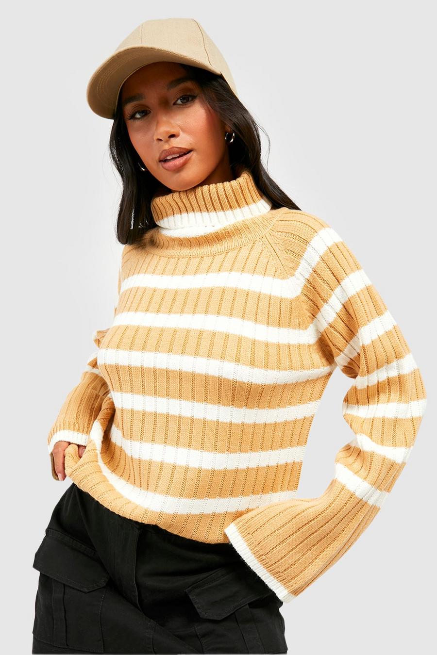 Camel Petite Turtleneck Wide Sleeve Stripe Sweater