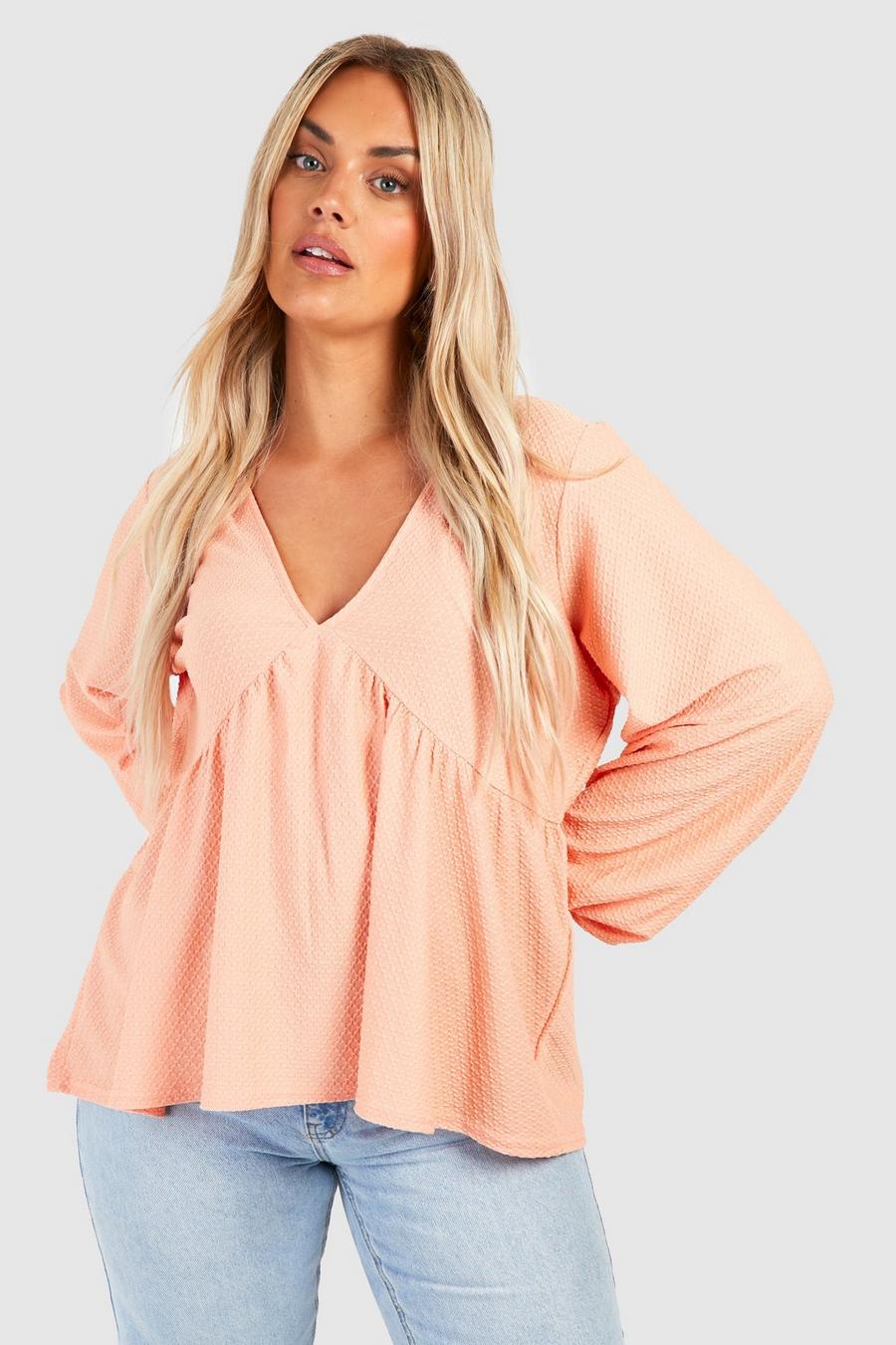 Peach Plus Jersey Knit Textured Plunge Smock Top