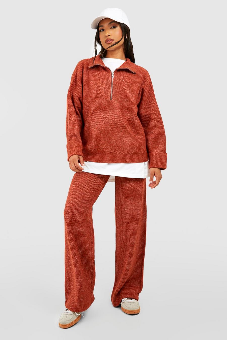Rust Petite Half Zip Funnel Neck And Wide Leg Trouser Knitted Set