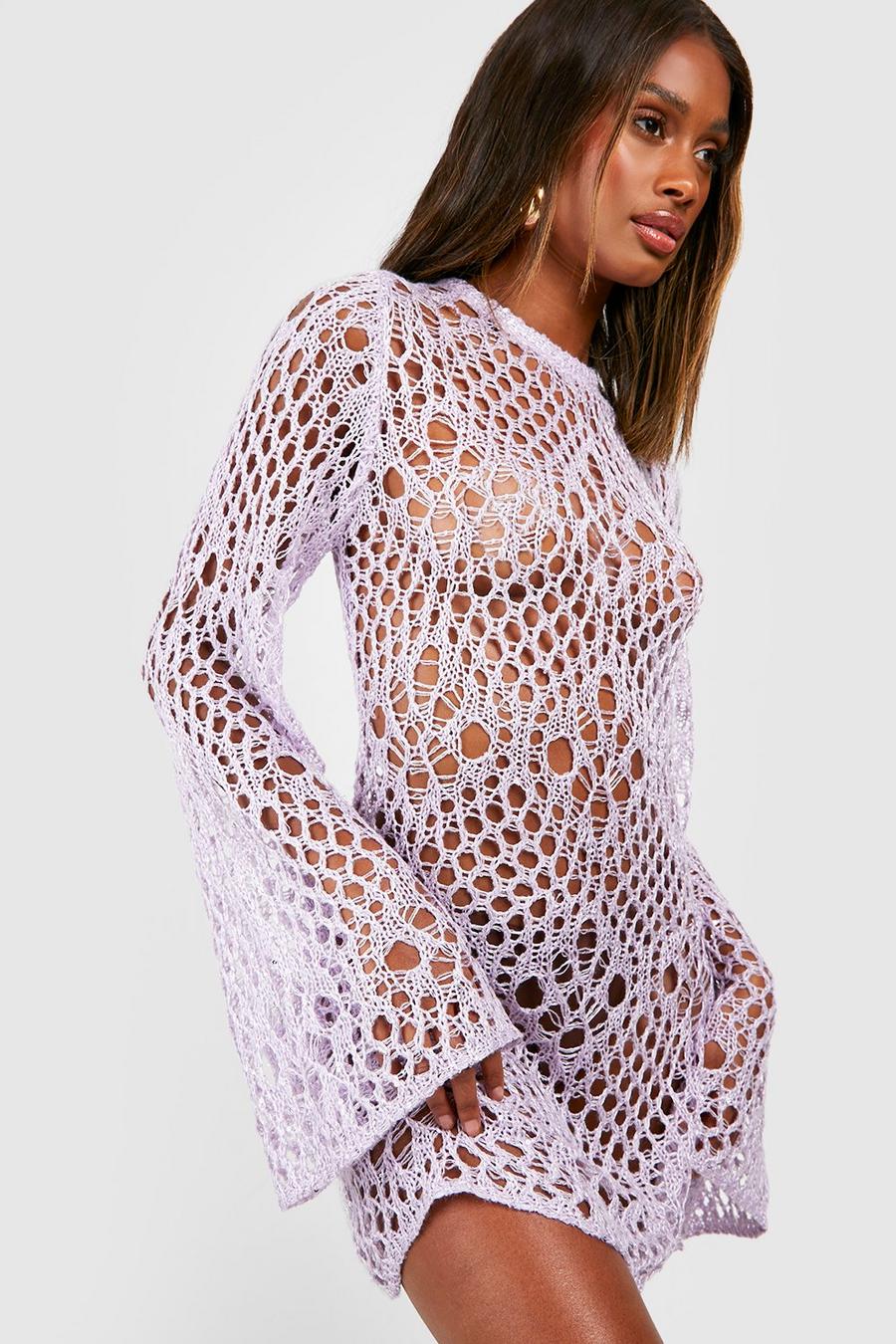 Lilac Sequin Crochet Flare Sleeve Mini Beach Dress