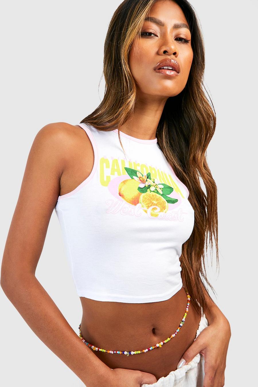 White Lemon Print Crop Ringer Vest image number 1