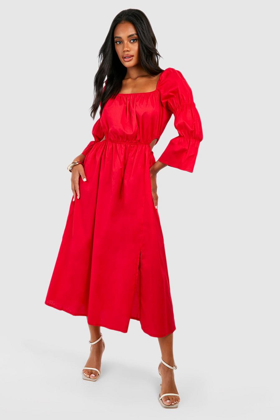 Red Cotton Poplin Cut Out Maxi Dress